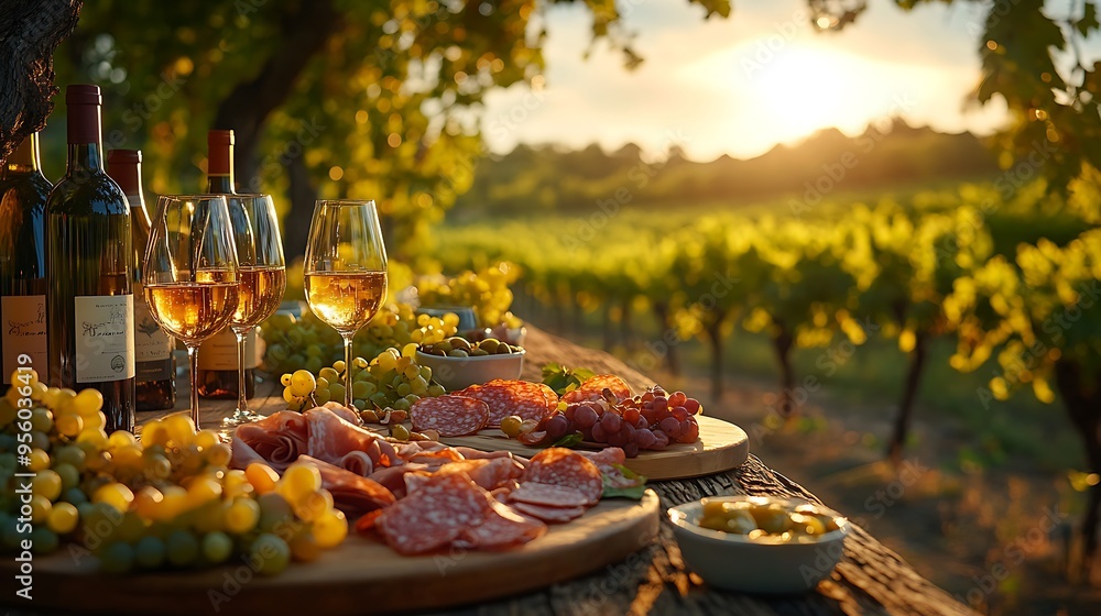 Wall mural A rustic outdoor wine tasting scene in a vineyard, with a table set with wine glasses, bottles, and a charcuterie board, the soft,