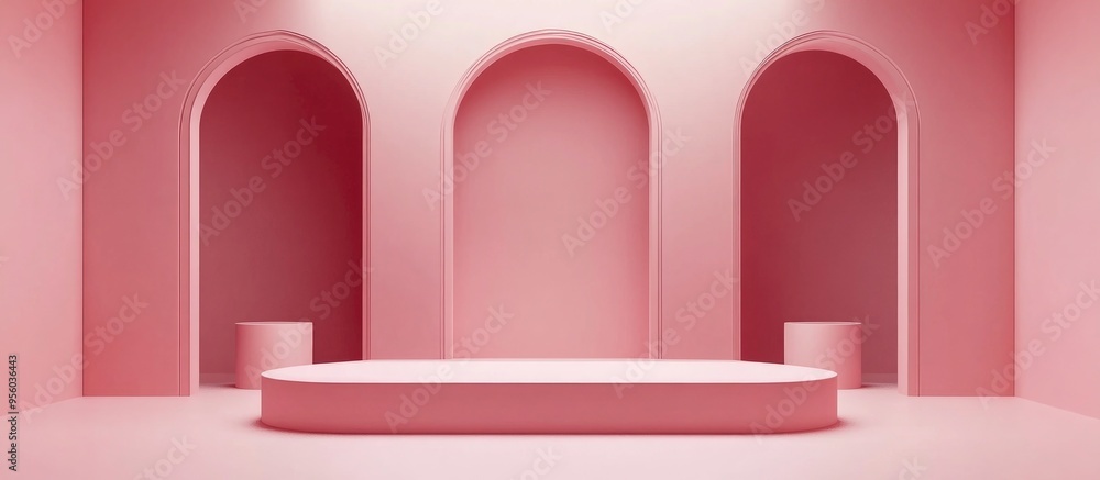 Poster minimalistic abstract design featuring pink hues for a cosmetic or product display podium in 3d rend