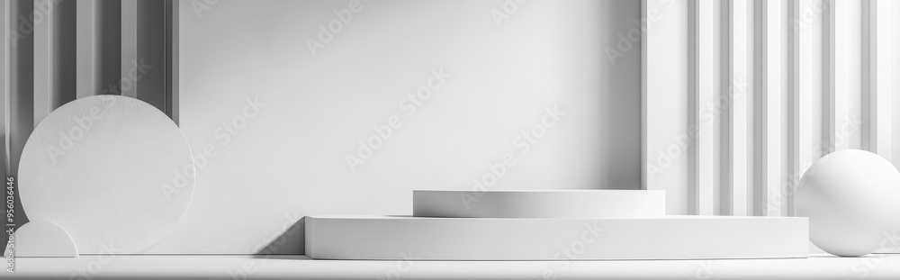 Poster white studio featuring geometric shapes with a podium on the floor platforms designed for product di