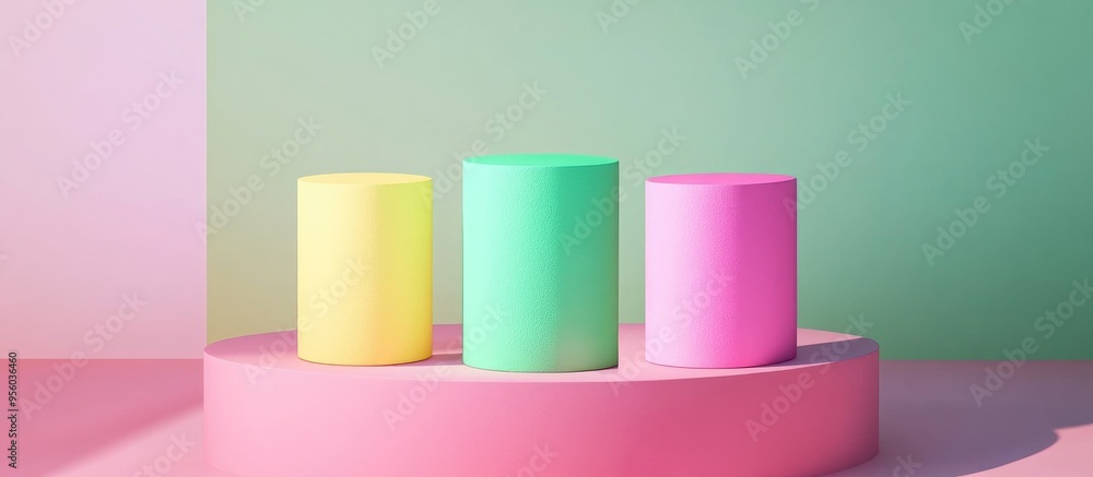 Poster three colorful cylinders in green pink and yellow on a minimalist podium against a simple background