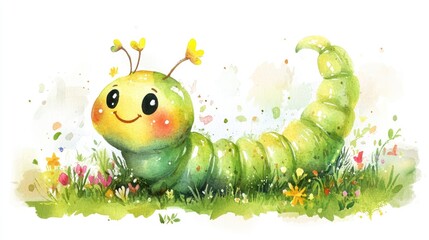 Charming cartoon caterpillar character in watercolor featuring a cheerful green worm as a delightful garden insect perfect for children s book illustrations with a kawaii style