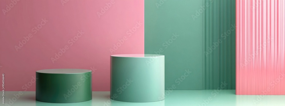Aufkleber Abstract geometric shapes for product display featuring minimal and modern design concepts with pink and green colors including a pedestal podium and stand in 3D rendering