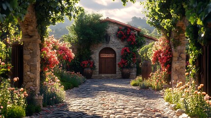 A rustic winery entrance with a welcoming wooden sign, framed by stone pillars and blooming flowers, a cobblestone path leading to the door, the scene bathed in the soft light of late afternoon,