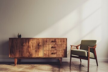 Mid-Century Modern Living Room with Wooden Cabinet and Armchair