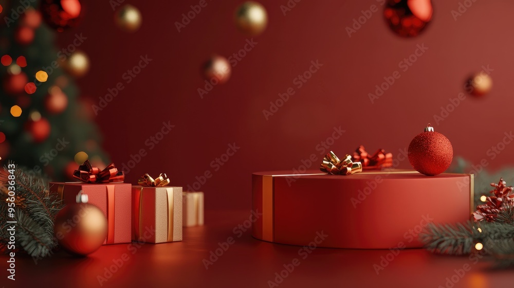Poster festive 3d render illustration featuring a red and gold podium for gifts in a dimly lit studio empty