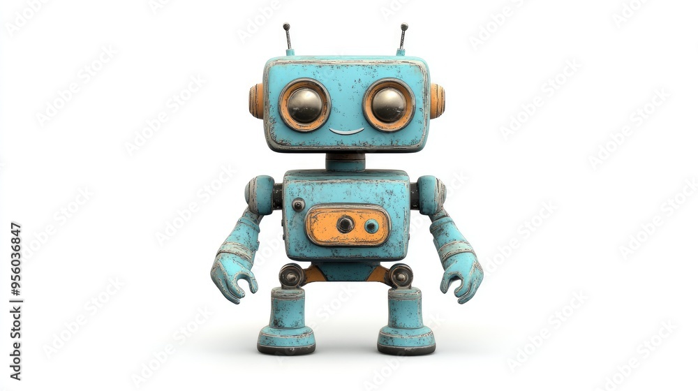 Poster vintage style 2d cartoon robot on a white background adding a playful touch to your creative project