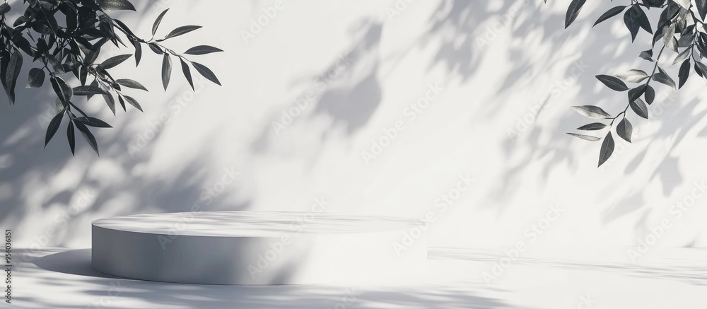 Aufkleber Display podium stand featuring natural leaves casting a shadow on a white background 3D rendering