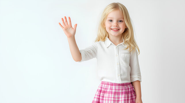 Cute smiling 6 year old girl with blonde hair looking forward isolated on white background.
