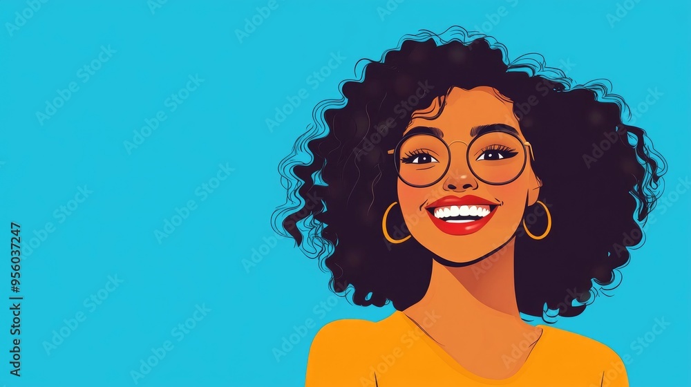 Poster Cartoon illustration of a cheerful woman on a blue backdrop