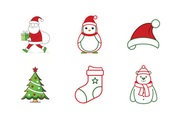Christmas Santa Claus, Penguin, Christmas tree, stocking, rabbit line art vector set illustration isolated on white background 
