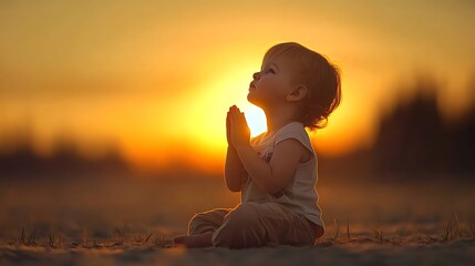 A young child kneeling in prayer at twilight, with the soft colors of the sunset blending into the evening sky