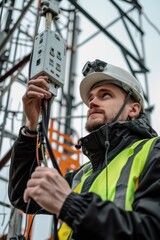 Obraz premium Helmeted male engineer works in the field with a telecommunication tower that controls electrical installations to inspect and maintain networks installed on high-rise buildings ,generative ai