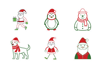 Christmas Santa Claus, Penguin, Christmas tree, stocking, rabbit line art vector set illustration isolated on white background 