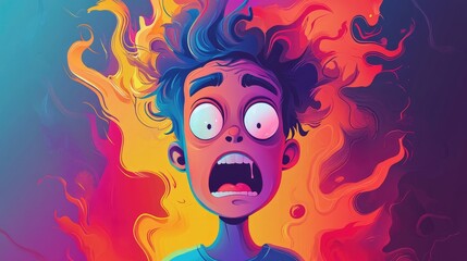 Colorful gradient illustration of a cartoon character expressing extreme stress
