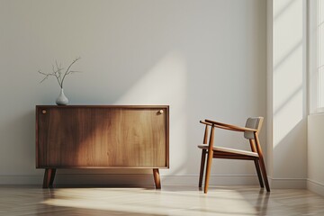 Modern Living Room with Wooden Cabinet and Chair