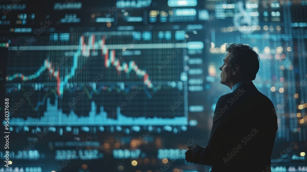 Poster professional businessman in a suit standing in front of a large projector screen of data chart of st