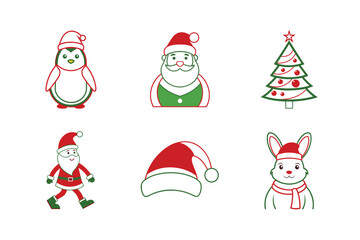 Christmas Santa Claus, Penguin, Christmas tree, stocking, rabbit line art vector set illustration isolated on white background 