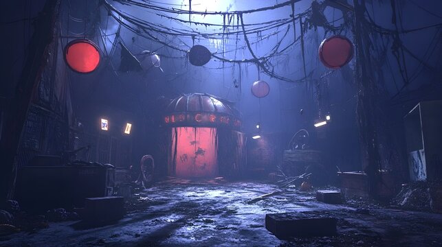 Haunting 3D Rendering of a Sinister Halloween Circus Freak Show with Eerie Ghoulish and Bizarre Digital Artwork