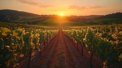A sunset vineyard with rows of grapevines stretching across rolling hills, bathed in the golden light of the setting sun, the sky ablaze with orange and pink hues,