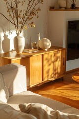 Sunlight Illuminates a Cozy Living Room with Wooden Furniture