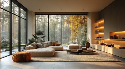 Scandinavian living room with layered lighting, natural light streaming through large windows, warm floor lamps, sleek table lamps, and soft recessed lighting, light wood accents,