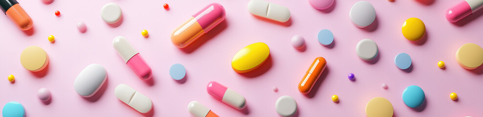 Colorful pills, capsules, and tablets on a pink background, used for design and medical concepts, illustrating energy and happiness