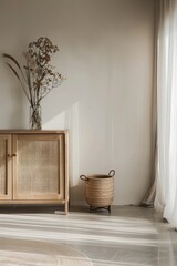 Minimalist Interior Design with Wooden Cabinet, Dried Flowers, and Wicker Basket