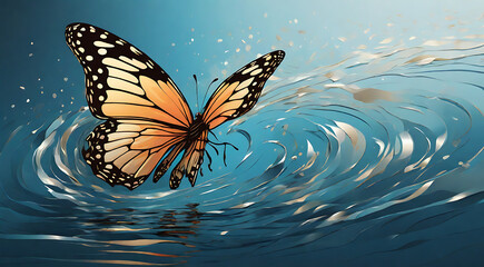 An abstract illustration of the "butterfly effect" concept, with a single, delicate butterfly in motion creating ripples and waves that gradually grow larger, symbolizing how small actions can have si