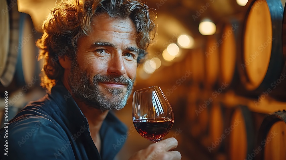 Poster A winemaker at work in a cellar, tasting wine from a glass, with rows of oak barrels in the background, the warm, ambient light highlighting the careful, artisanal process, rich textures,