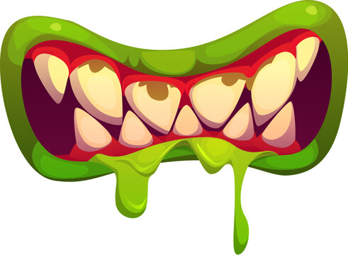 Halloween monster mouth with drool jaws, dripping saliva, green lips and exaggerated sharp teeth. Isolated cartoon vector eerie demon, zombie, alien, devil maw with scary dripping slime, and red gums