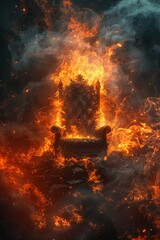 Demonic throne in hell, surrounded by fire and brimstone, creating an ominous setting
