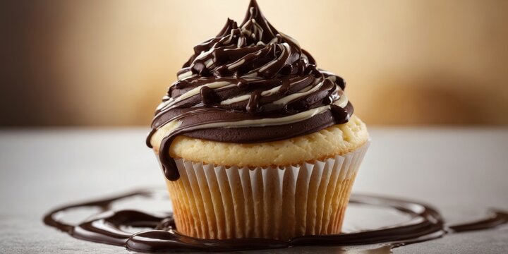 Vanilla cupcake with swirled frosting and chocolate drizzle on top.