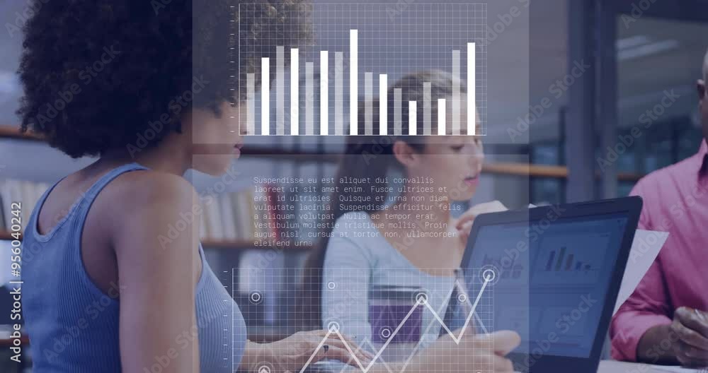 Poster data analysis and coding animation over diverse business people working in office