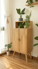 Wooden Cabinet with Plants and a Window View