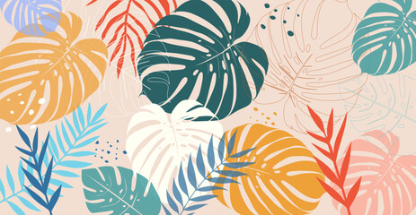 Tropical leaves background. Hand drawn leaves natural. monstera leaves. Design for fabric, textile, wallpaper, clothing, Shirt. floral element. Vector illustration