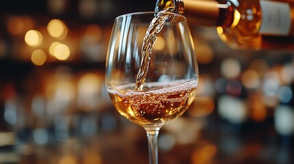 Action shot of wine being elegantly poured into a glass, the liquid swirling and catching the light, with a rustic table and a softly blurred background creating a cozy atmosphere, cinematic quality,