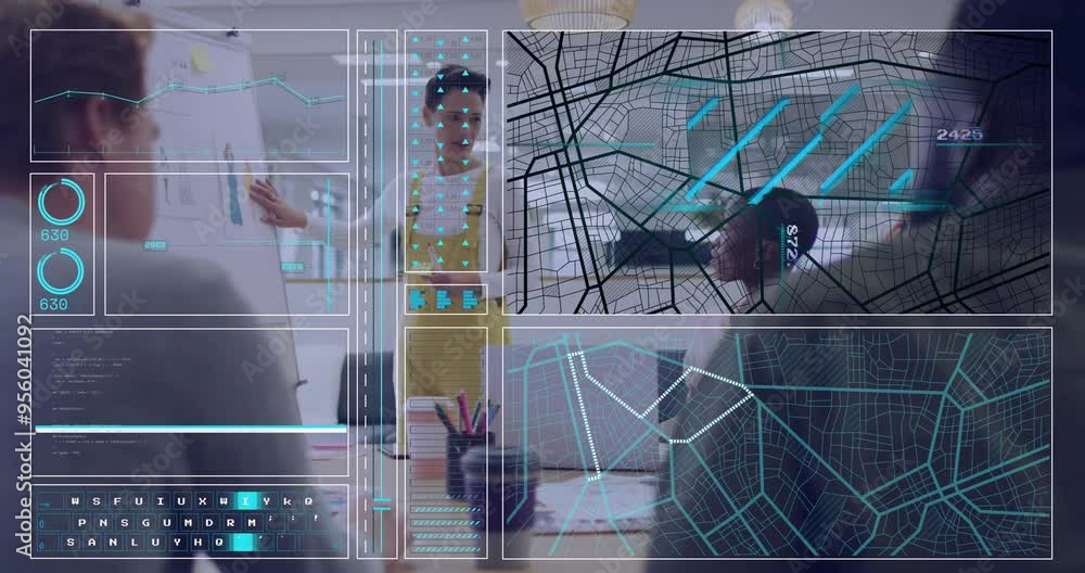 Poster analyzing data and graphs animation over diverse business people in office