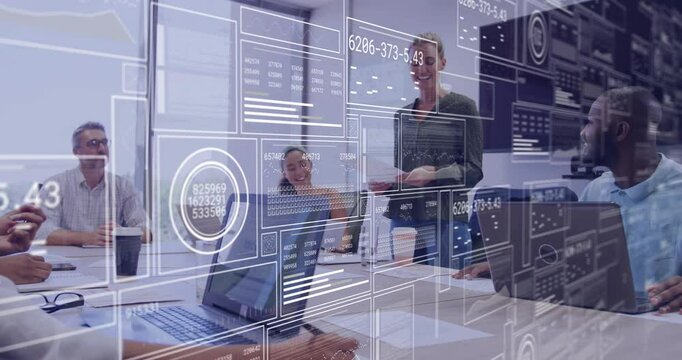 Business meeting with diverse team and data processing animation over office setting - Powered by Adobe