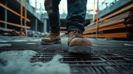 Construction Worker Walking On Steel Grating