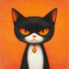 Obraz premium A whimsical black and white cat with striking orange eyes, perfect for seasonal art or pet-themed decorations.
