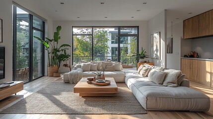 Naklejka premium Scandinavian-inspired living room, soft textiles adding warmth, neutral-colored plush cushions, cozy wool throw, light wood furniture, large windows with natural light,