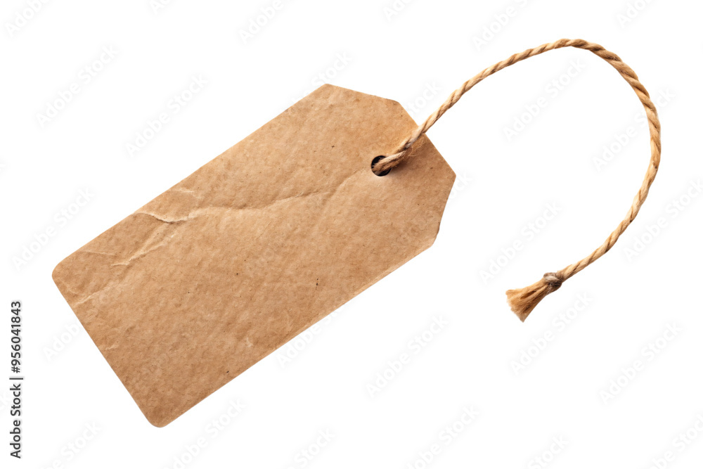Poster a crumpled brown paper tag with a string loop, isolated against a transparent background, suggesting