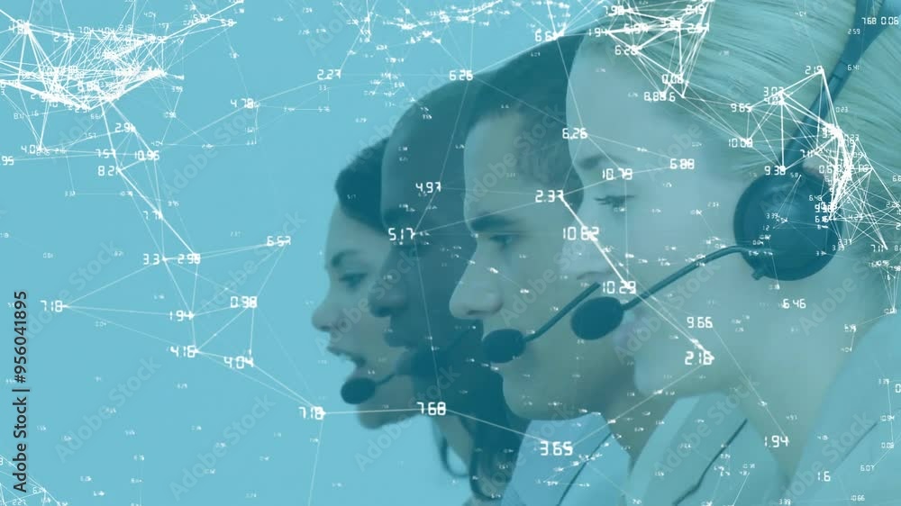 Poster network of connections and data processing animation over call center agents