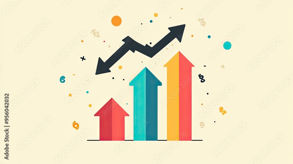 Poster colorful arrow graph with upward trend and scattered elements