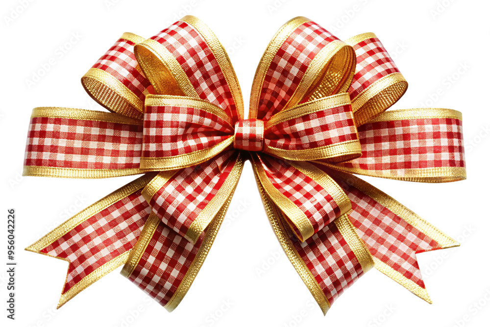 Poster a golden and red bow with a checkered pattern, meticulously tied with precision, showcasing a holida
