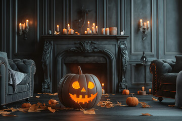 Obraz premium Mysterious dark Halloween interior. Apartment with scary creepy elements. Mystic halloween decoration in the room.