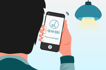Man gives a voice command to a smart home application on his smartphone to turn on the light. Vector illustration.