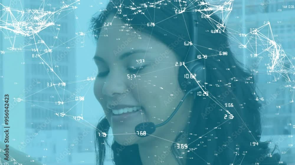 Poster smiling woman with headset, network connections and data processing animation over