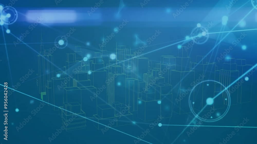 Poster cityscape with network connections and data points animation over buildings