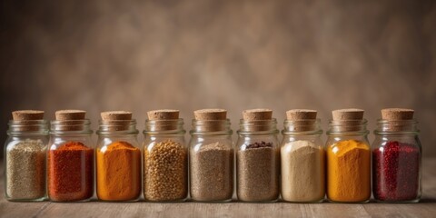 Variety of spices in burlap sacks and glass jars.